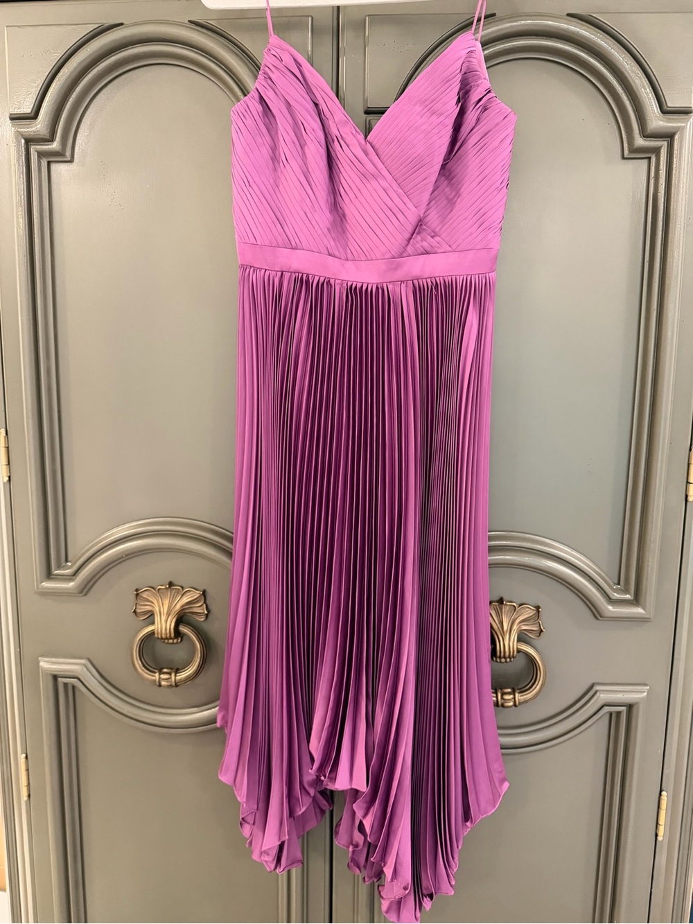 Mac Duggal Fuchsia Spaghetti-Strap Pleated Midi High-Low Dress